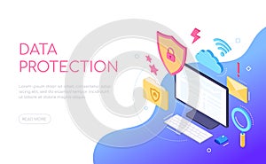 Data protection - modern colorful isometric web banner