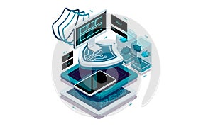 Data protection on the PC and smartphone. Data visualization concept. 3d isometric vector illustration