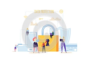 Data Protection Privacy Concept. Confidential and Safe Internet Technologies with Characters Using Computers and Gadgets