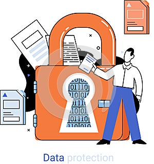 Data protection, privacy, internet security. Secure data management protect data from hacker attacks metaphor