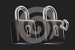 Data protection, safety, encryption, protection, privacy concept. Realistic 3d design of padlock, locked with key. The