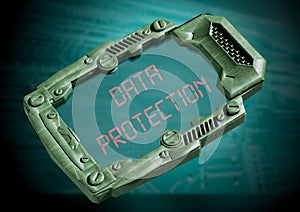 Data Protection Security Concept. futuristic sci-fi communicator with transparent screen