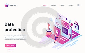 Data protection service, network security isometric landing page, credit card technology