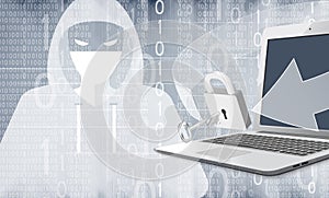 Hacker with computer and binary code