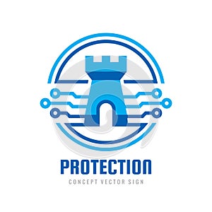 Data protection - vector logo design. Abstract tower sign. Digital electronic technology symbol.