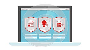 Data protection. Web security shields on laptop screen. Vector computer - internet safety icons