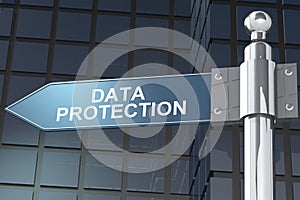 Data protection word on road sign with building as background