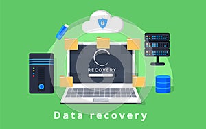 Data recovery, data backup, restoration and security flat design vector with icons