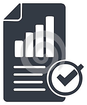 Data report and bar chart document with checkmark validation icon for business progress analysis