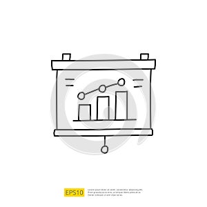 data report and presentation concept doodle linear icon with graphic chart document. Statistics science technology, digital