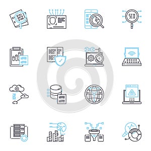 Data research linear icons set. Analytics, Big data, Clustering, Correlation, Data mining, Descriptive, Empirical line