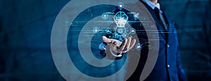 Data science analytics and algorithm of business. Businessman hold data icon and strategy analysis on interface, AI, artificial