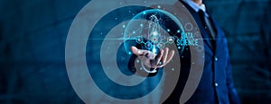 Data science analytics. Businessman holding big data. Analyzing and development at various information on futuristic virtual