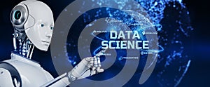 Data science analytics technology concept. Robot pressing button on screen 3d render
