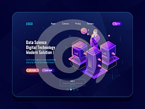 Data science, big data processing, server room, database and data center concpet, isometric icon, data analysis and