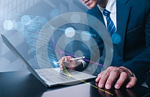 Data science, big data technology. Computers are used by data scientists to calculate, analyze, display complex data streams. data