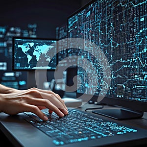 Data science and big data technology. Scientist computing, analysing and visualizing complex data set on computer.