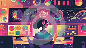 Data science and big data technology. Scientist computing, analysing and visualizing complex data set on computer. Data mining,
