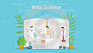 Data science concept with laboratory team working on data - vector illustration