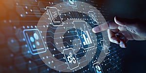 Data science and data analysis computation on server CPU or GPU. Concept with finger touching charts and electronic circuit on