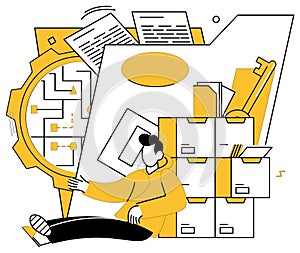 Data science. The digital system is intricate maze where data scientists navigate toward progress