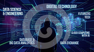 Data science and engineering, digital technology, futuristic tech background. Software engineer working with database and big data