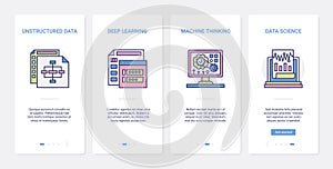 Data science learning, machine thinking technology UX, UI mobile app page screen set