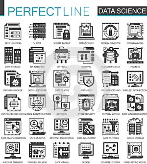 Data science technology classic black mini concept symbols. Machine learning process modern icon pictogram vector