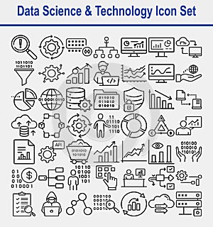 Data Science Technology Icon Set, Outline Style Icons with Binary Code on White