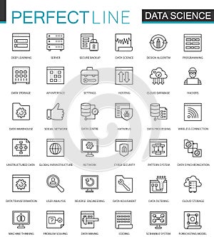 Data Science thin line web icons set. Data analysis outline stroke icons design.