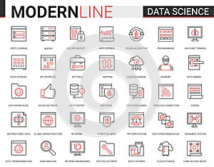 Data science thin red black line icon vector illustration set with outline symbols collection of scientific technology
