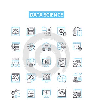 Data science vector line icons set. Data, Science, Mining, Analysis, Machine, Learning, Algorithms illustration outline