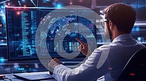 Data analysis scientist analyzing big data on computer screen data visualization and analytics expert