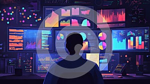 Data Scientist Analyzing Complex Datasets on Multiple Screens