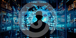 data scientist analyzing a massive dataset in a high-performance computing center, highlighting the power of