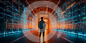 data scientist analyzing a massive dataset in a high-performance computing center, highlighting the power of