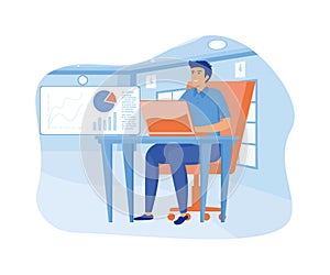 Data scientist job concept. Man sitting with his computer is Evaluating performance on graphic images.