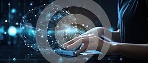 Data scientist, Programmer using laptop analyzing financial data on futuristic virtual interface.