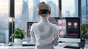 A data scientist, standing in front of multiple large screens displaying complex graphs and charts