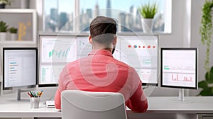 A data scientist, standing in front of multiple large screens displaying complex graphs and charts
