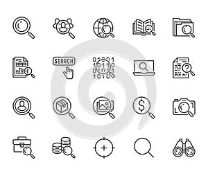 Data search flat line icons set. Magnify glass, find people, image zoom, database exploration, analysis vector