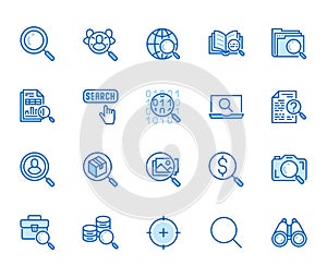 Data search flat line icons set. Magnify glass, find people, image zoom, database exploration, analysis vector