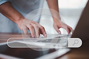Data Search Technology Search Engine Optimization. male hands are using a computer notebook to Searching for information.Using Sea