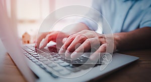 Data Search Technology Search Engine Optimization. male hands are using a computer notebook to Searching for information.Using Sea