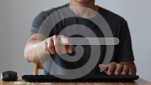 Data Search Technology Search Engine Optimization. man`s hands are using a computer keyboard to Searching for information.