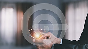 Data Search Technology Search Engine Optimization. man`s hands are using a computer notebook to Searching for information. Using