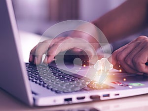Data Search Technology Search Engine Optimization. man`s hands are using a computer notebook to Searching for information. Using
