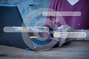 Data Search Technology Search Engine Optimization. man's hands are using a computer notebook to Searching for information.