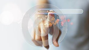 SEO search icon, hands touch the computer notebook screen to search for information.