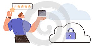 Data Security and Cloud Storage Concept with User Holding Folder and Star Rating